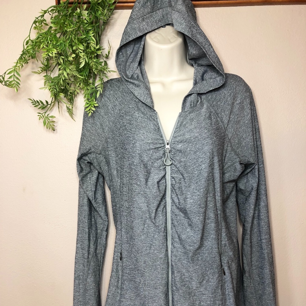 Athleta Women's M Vitamin Sea Heather Grey Full Zip Up Hoodie Thumb Holes Long